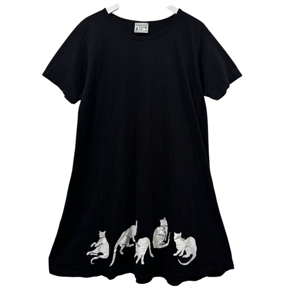 Michigan Rag Co. T Shirt Dress Black With Cat Print Y2k Loungewear ONE SIZE EUC